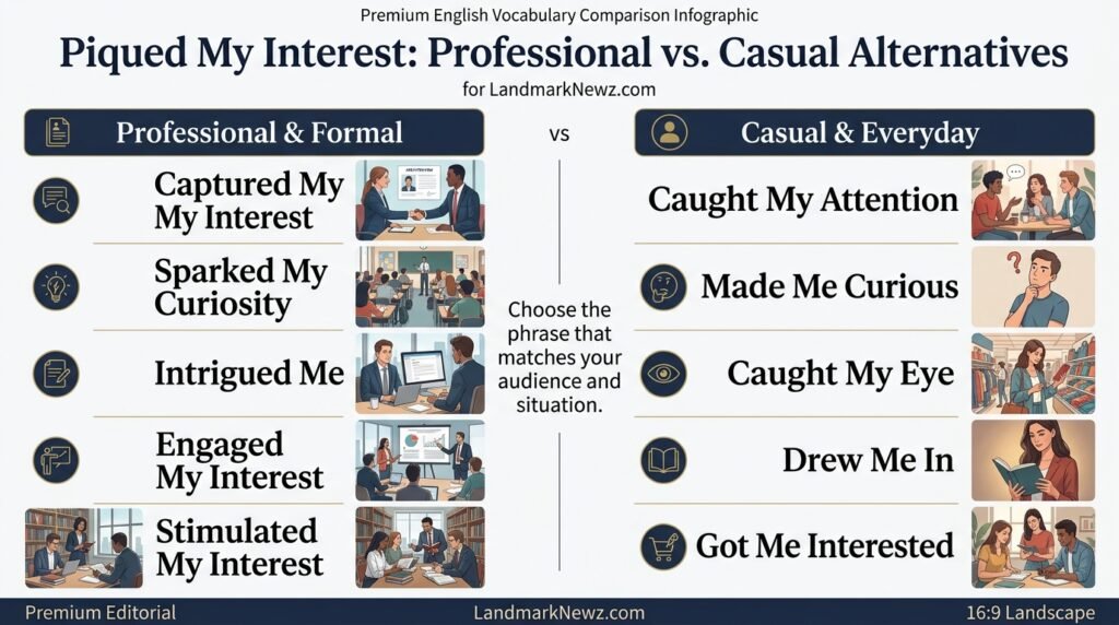 Comparison of professional and casual alternatives to the phrase piqued my interest