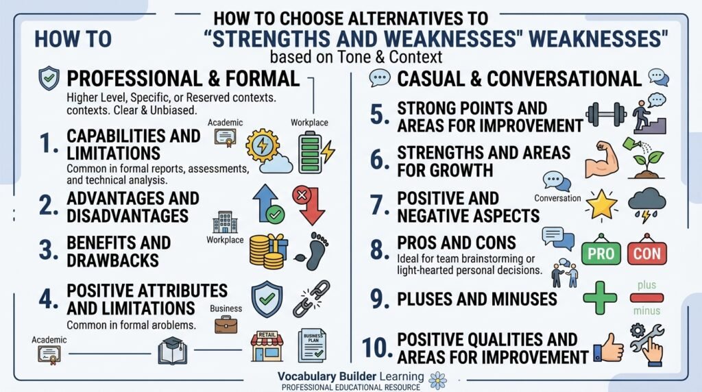 Professional and casual alternatives to strengths and weaknesses compared by tone and context