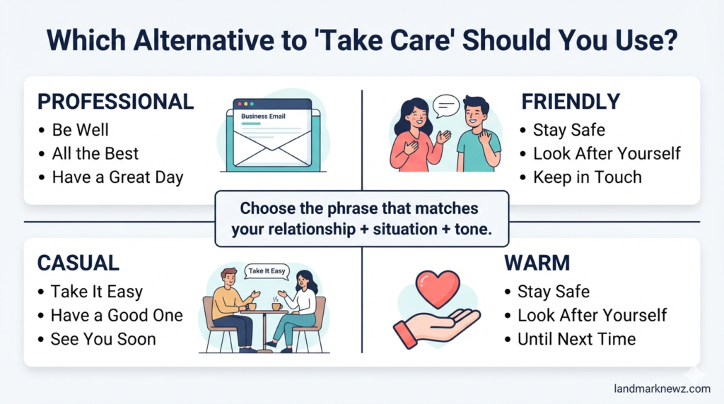 Professional, friendly, casual, and warm alternatives to take care