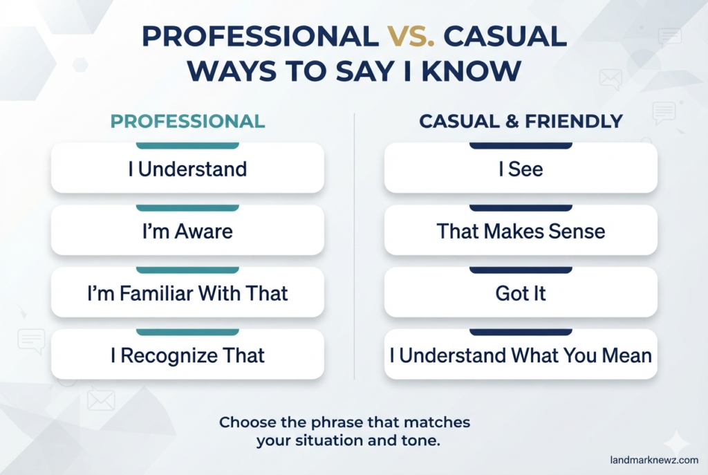 Professional and casual ways to say I know with examples of different phrases