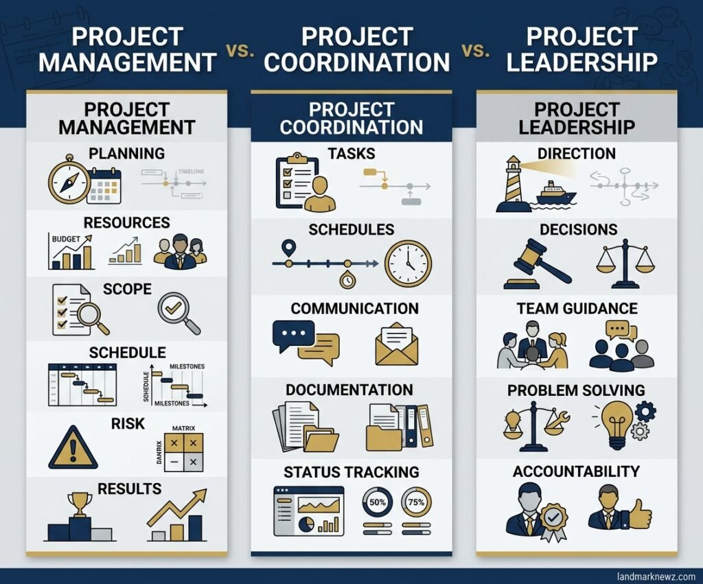 Comparison of project management, project coordination, and project leadership responsibilities