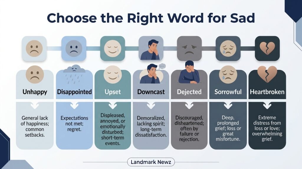 Sad synonyms comparison showing emotional intensity from unhappy and disappointed to sorrowful and heartbroken