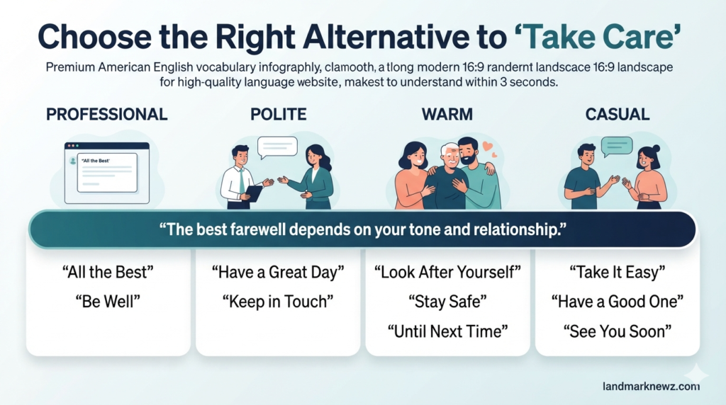 Take care alternatives organized by professional, polite, warm, and casual tone