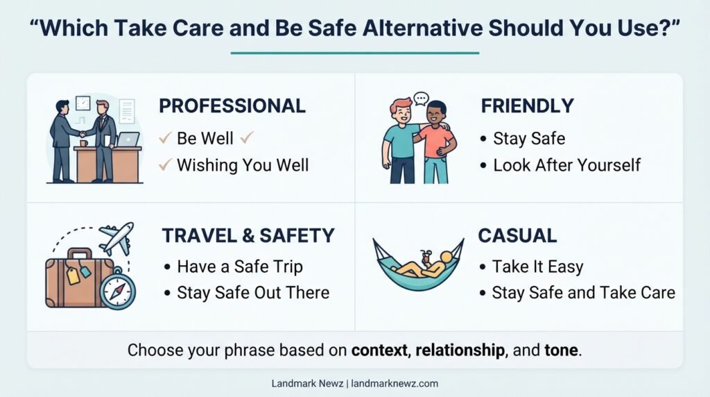 comparison of take care and be safe alternatives by tone and situation