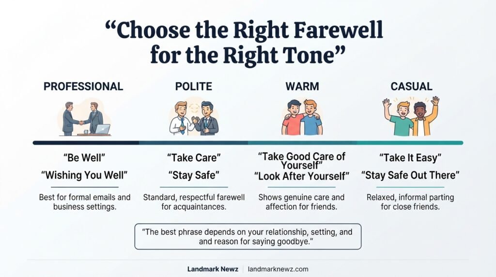 take care and be safe tone guide for professional casual and warm communication