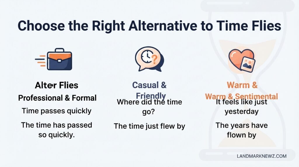 Professional casual and sentimental alternatives to time flies compared by tone