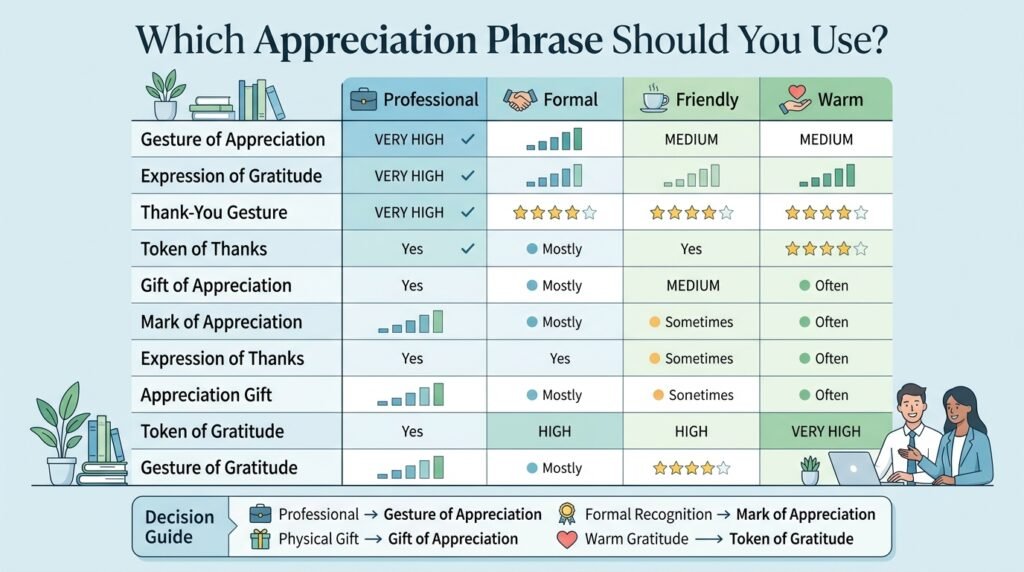 Comparison chart showing the tone and best uses of alternatives to token of appreciation
