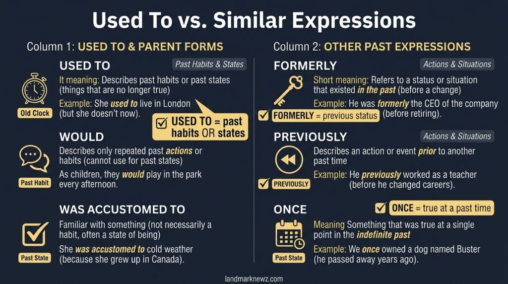 Comparison of used to, would, formerly, previously, once, and was accustomed to