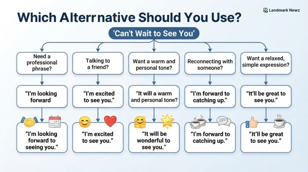 Flowchart showing which alternative to can't wait to see you to use