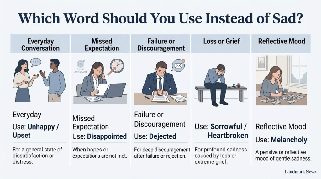 Which word to use instead of sad based on situations such as disappointment, grief, discouragement, and reflection