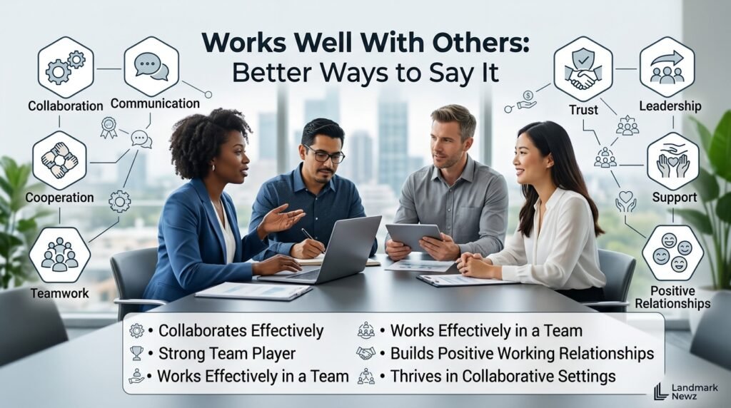 Professional alternatives to say works well with others, including collaboration and teamwork phrases