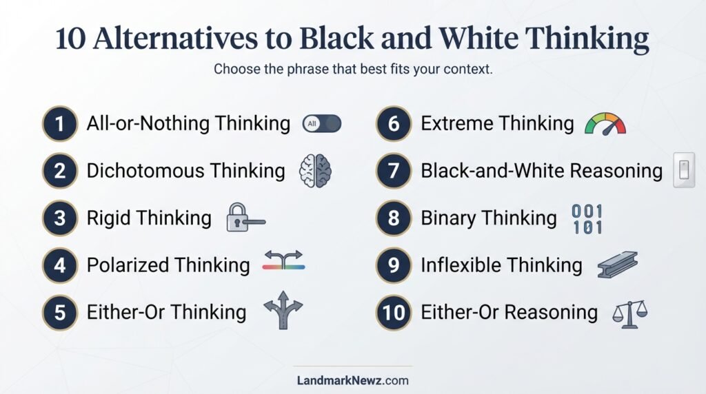 10 alternatives to black and white thinking including all-or-nothing, rigid, polarized, binary, and dichotomous thinking