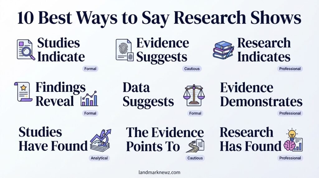 Infographic showing 10 alternatives to say research shows in professional writing