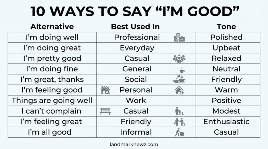 Comparison chart of 10 ways to say I’m good with tone and usage