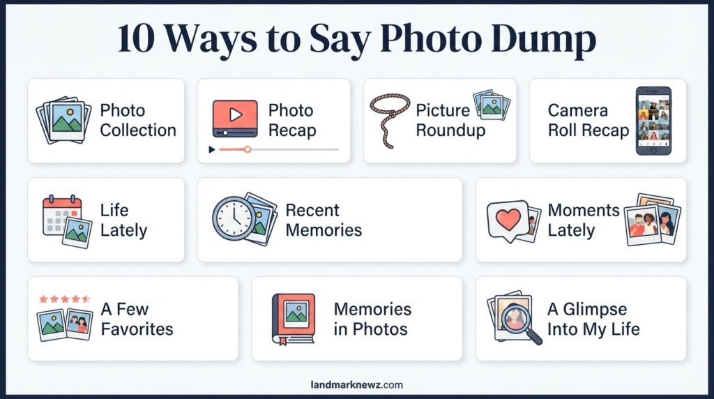 10 ways to say photo dump including photo collection, photo recap, life lately, and camera roll recap