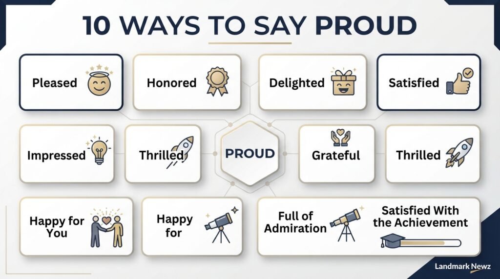 10 ways to say proud including pleased, honored, delighted, and impressed