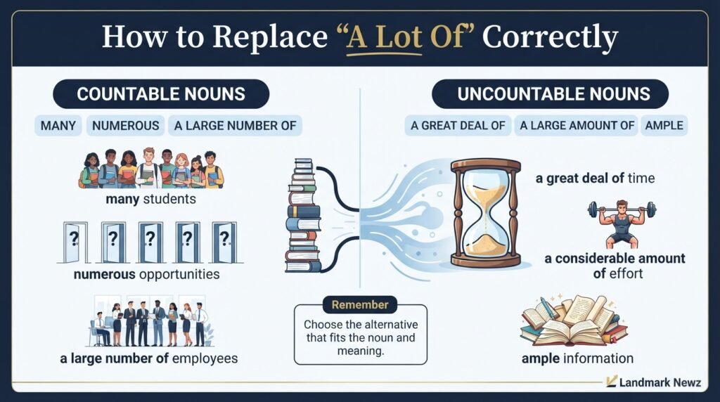 How to replace a lot of with alternatives for countable and uncountable nouns