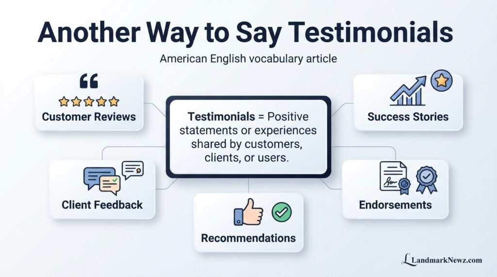 Another way to say testimonials including reviews, feedback, endorsements, and recommendations