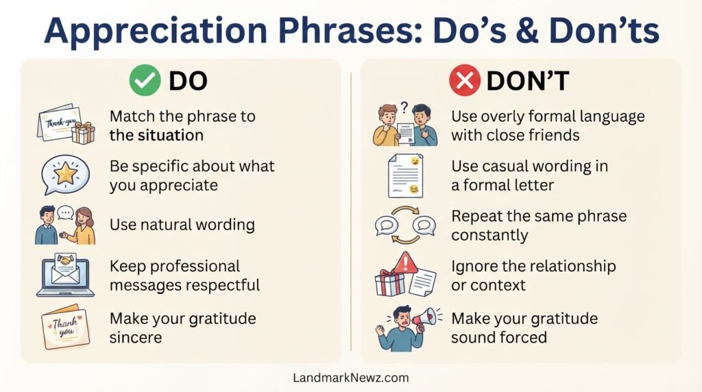 dos and don'ts for using appreciation phrases in professional communication