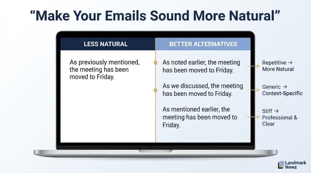 Email examples using alternatives to as previously mentioned