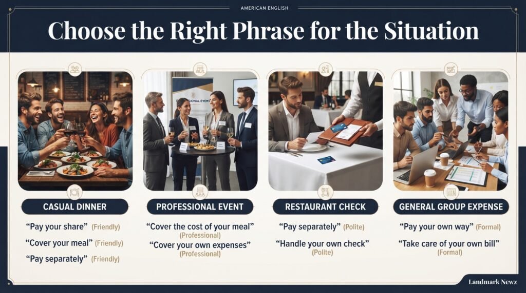 Best phrases for saying pay for your own meal in different situations