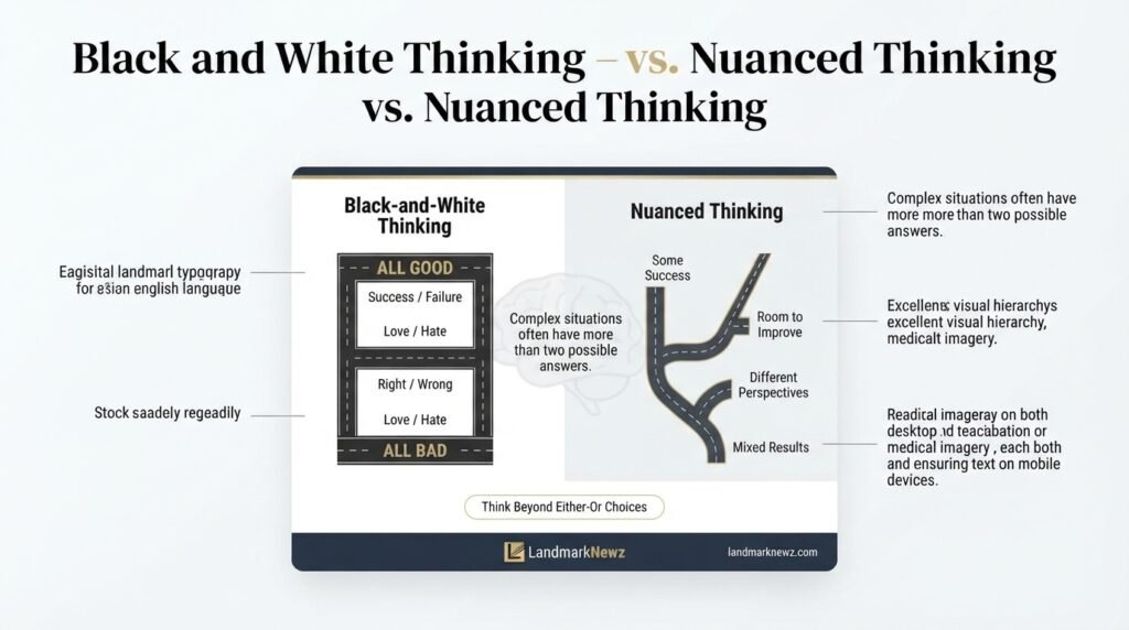Black and white thinking vs nuanced thinking with examples of all-or-nothing and balanced perspectives