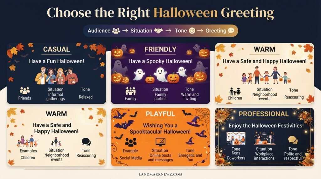 Guide to choosing the right Halloween greeting for casual, friendly, warm, playful, and professional situations