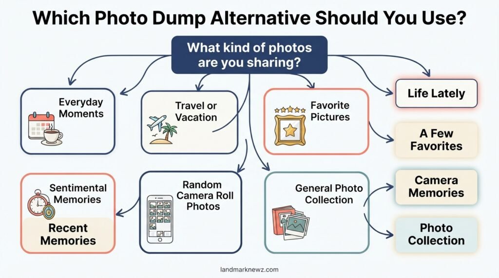 Decision guide showing which photo dump alternative to use for different types of photos