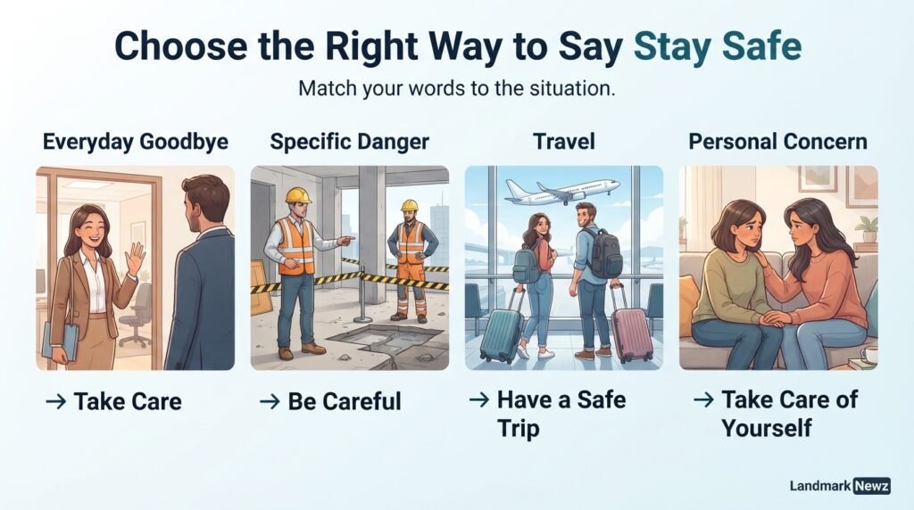 Guide showing which way to say stay safe for everyday goodbyes, danger, travel, and personal concern