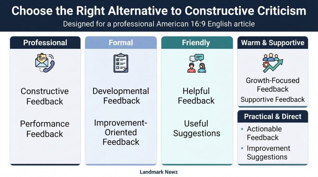 Constructive criticism alternatives categorized by professional formal friendly and warm tone