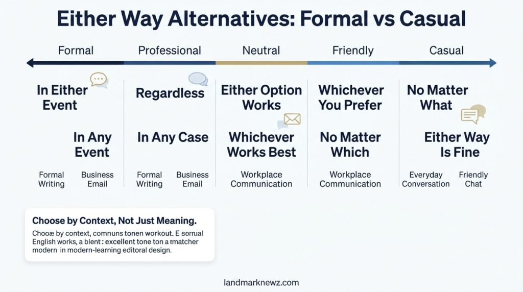 Either way alternatives compared by formal professional neutral friendly and casual tone