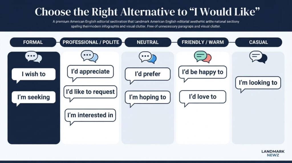 Formal and casual alternatives to I would like for different situations