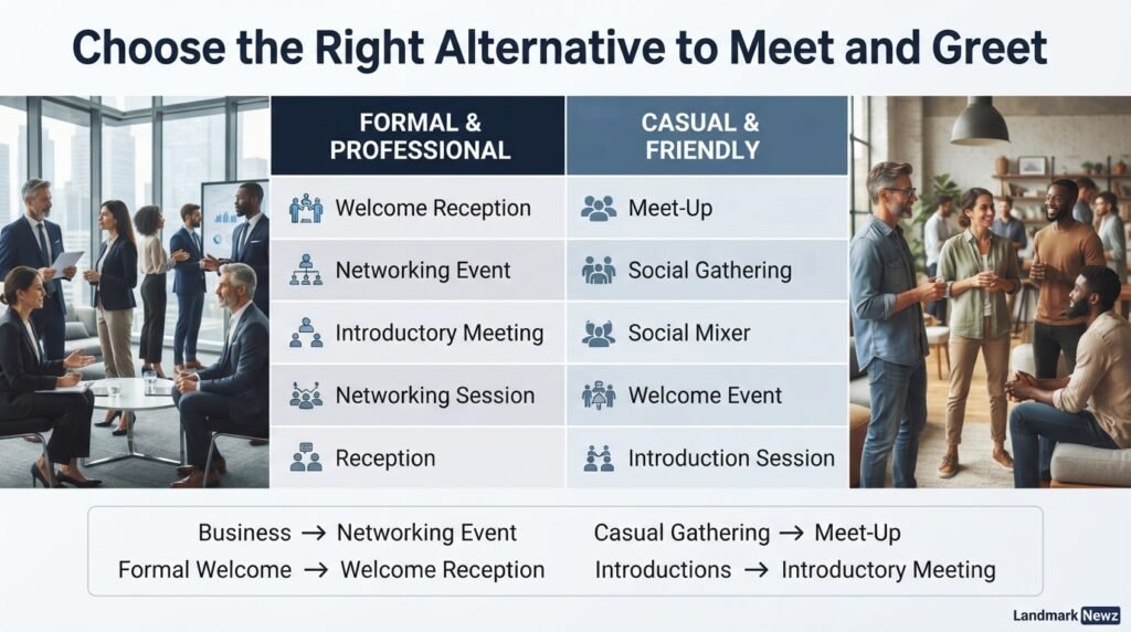 Formal and casual alternatives to meet and greet comparison infographic