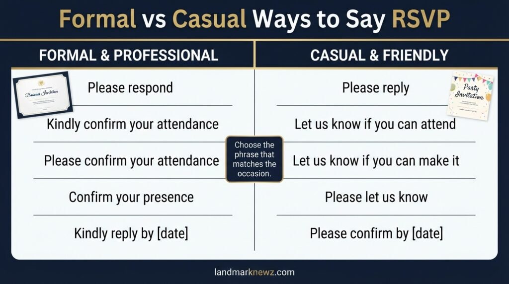 formal and casual alternatives to RSVP for invitations and events