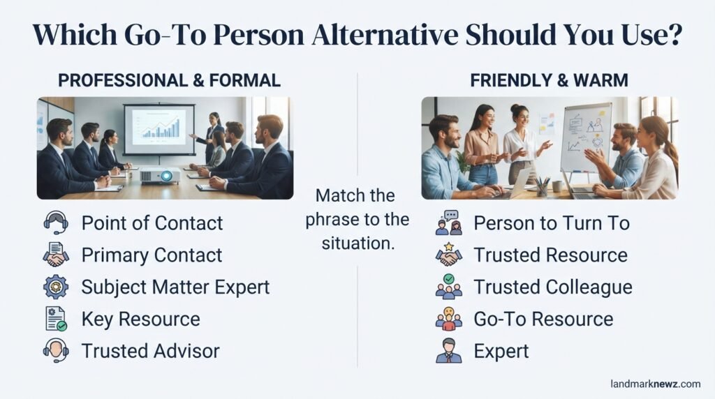 Professional and casual alternatives to go-to person compared by tone