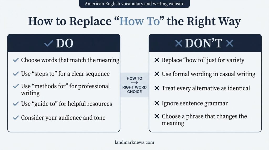 Dos and don'ts for choosing alternatives to how to in English writing