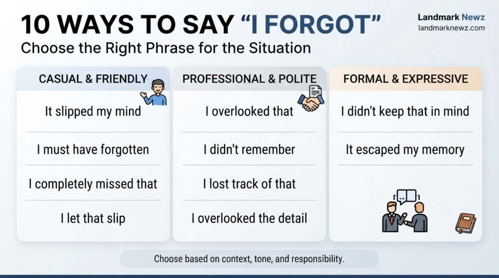 Comparison of 10 alternatives to say I forgot by tone and usage