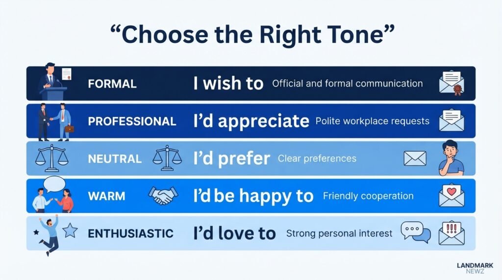 Tone guide showing formal professional warm and enthusiastic alternatives to I would like