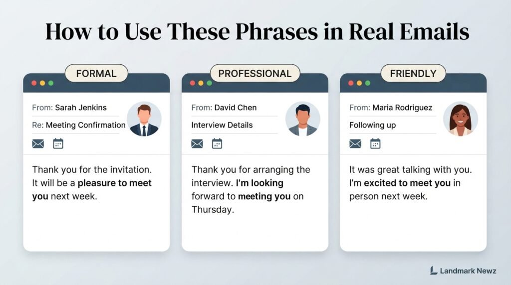 Formal professional and friendly email examples for saying look forward to meeting you