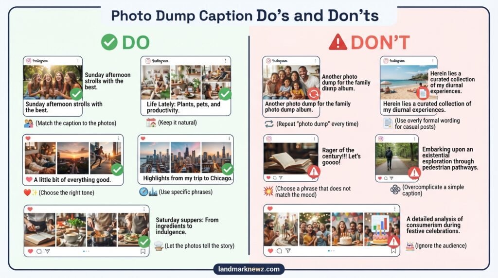 Photo dump caption do’s and don’ts for choosing natural social media phrases