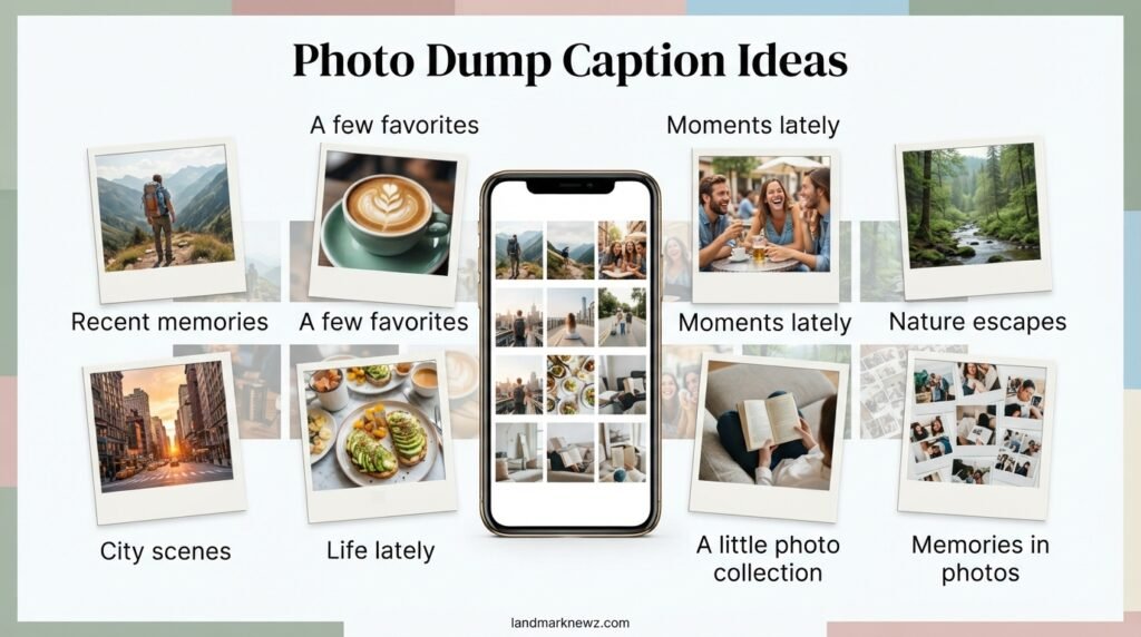 Photo dump caption ideas including life lately, recent memories, photo recap, and camera roll recap