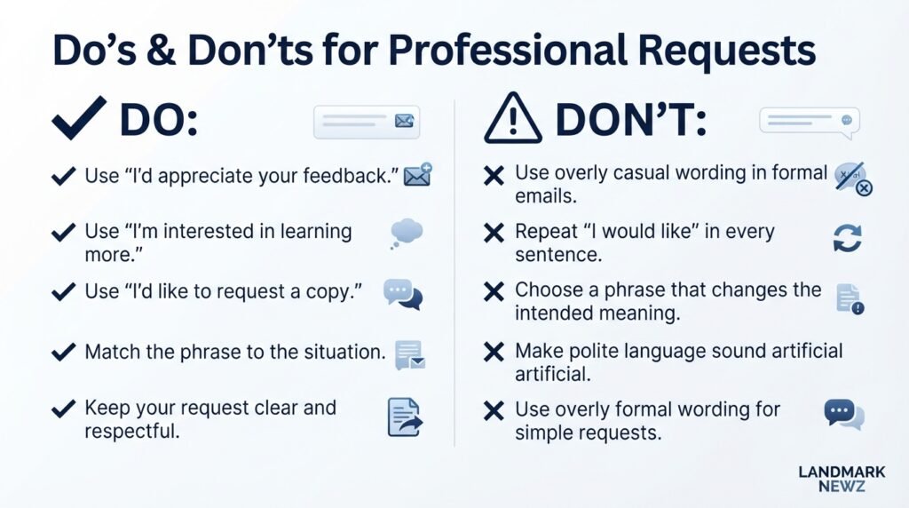 Do’s and don’ts for using alternatives to I would like in professional emails
