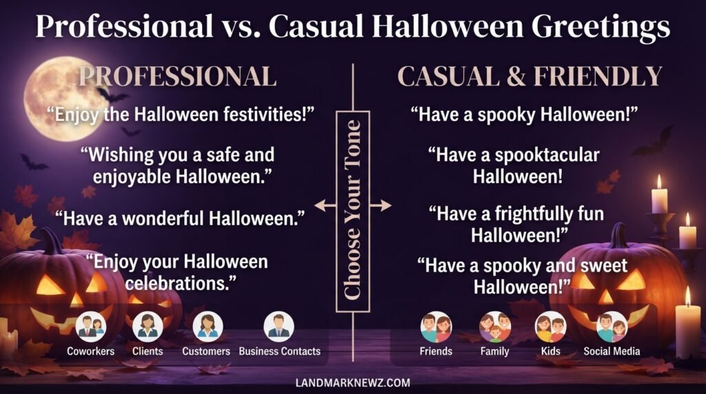 Comparison of professional and casual Halloween greetings for coworkers, friends, family, and social media