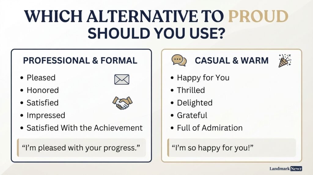 Professional and casual alternatives to say proud with example phrases