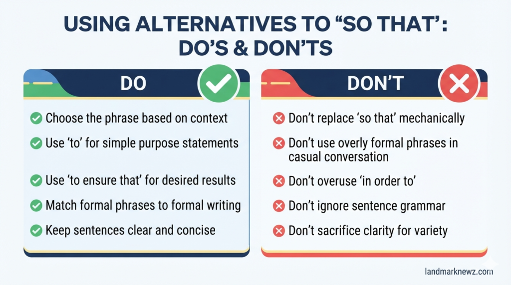 Dos and don'ts for using alternatives to so that in writing