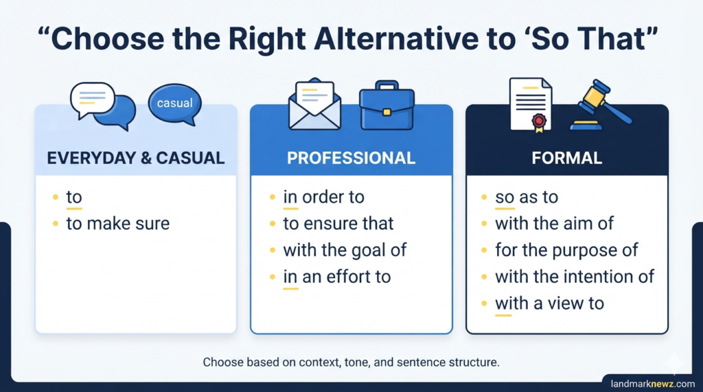 Formal vs casual alternatives to so that for professional and everyday writing