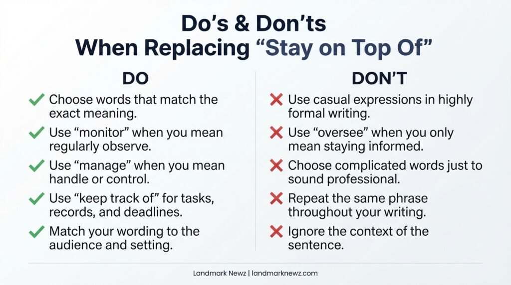 Dos and donts for using alternatives to stay on top of in writing