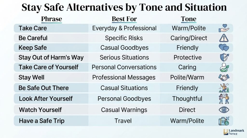 Comparison of stay safe alternatives by tone, situation, and best use