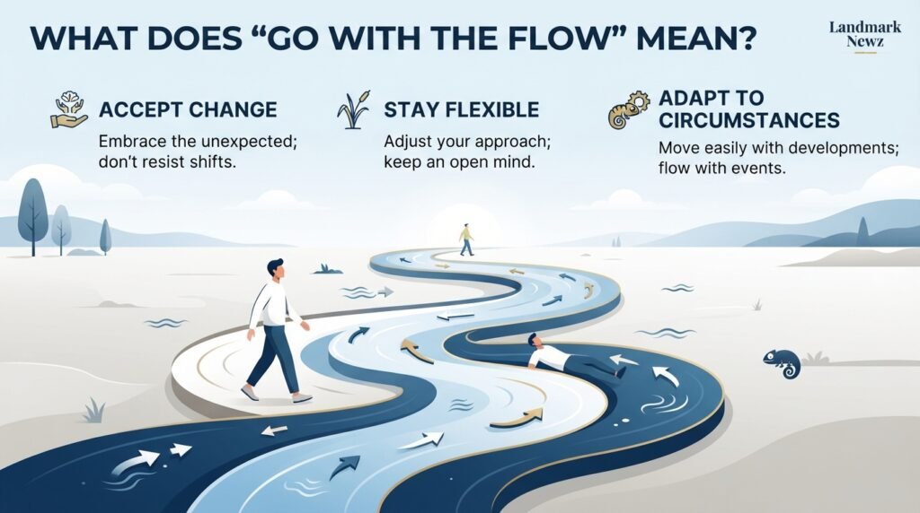 Infographic explaining what go with the flow means and how it relates to flexibility and accepting change