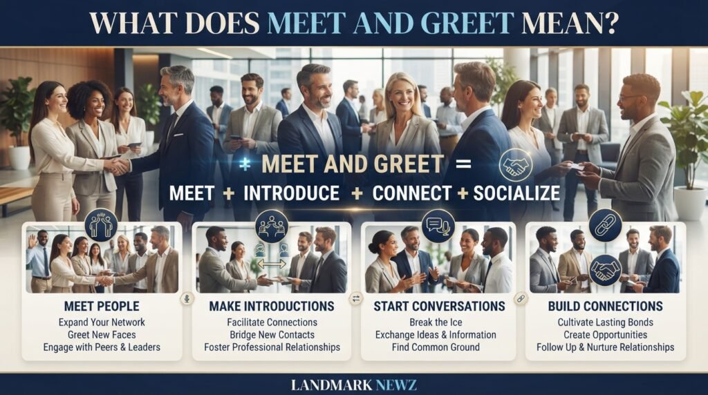 What does meet and greet mean infographic showing introductions and social connections